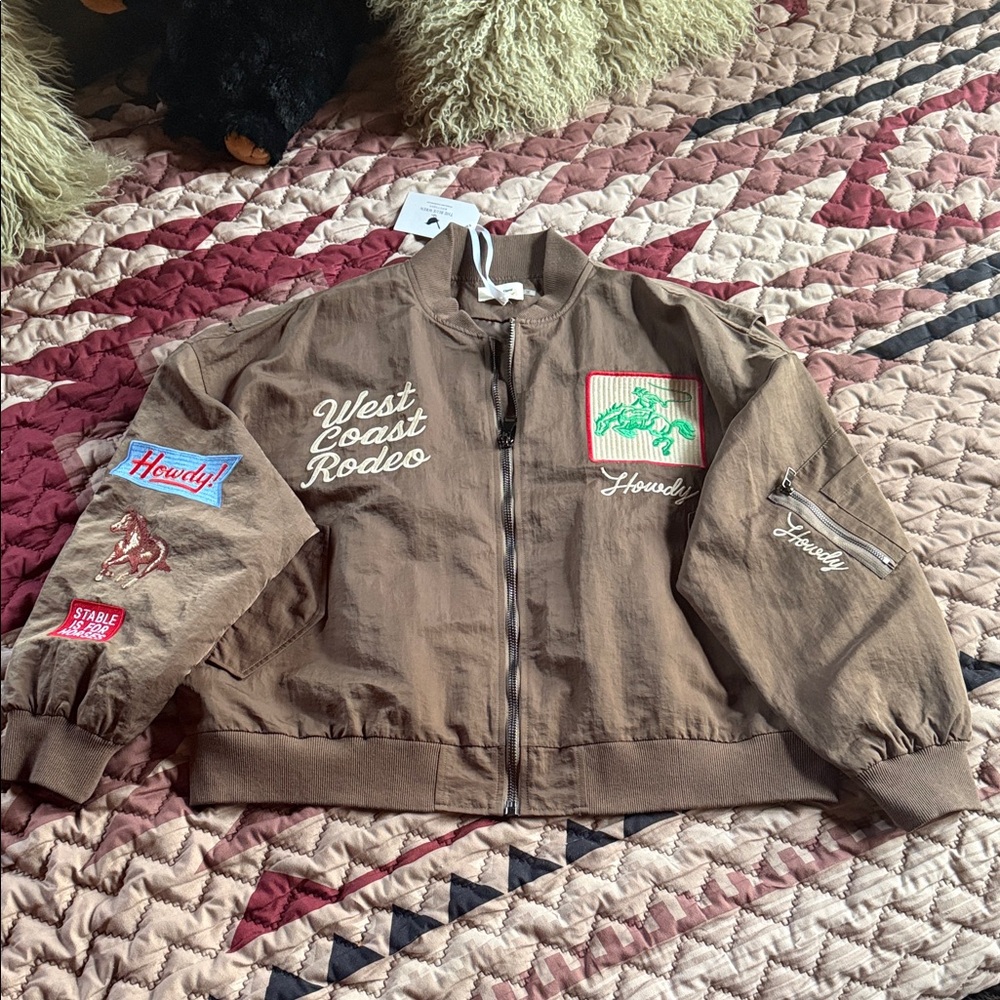 DAVI & DANI Brown West Coast Rodeo Bomber Jacket with Green Patch